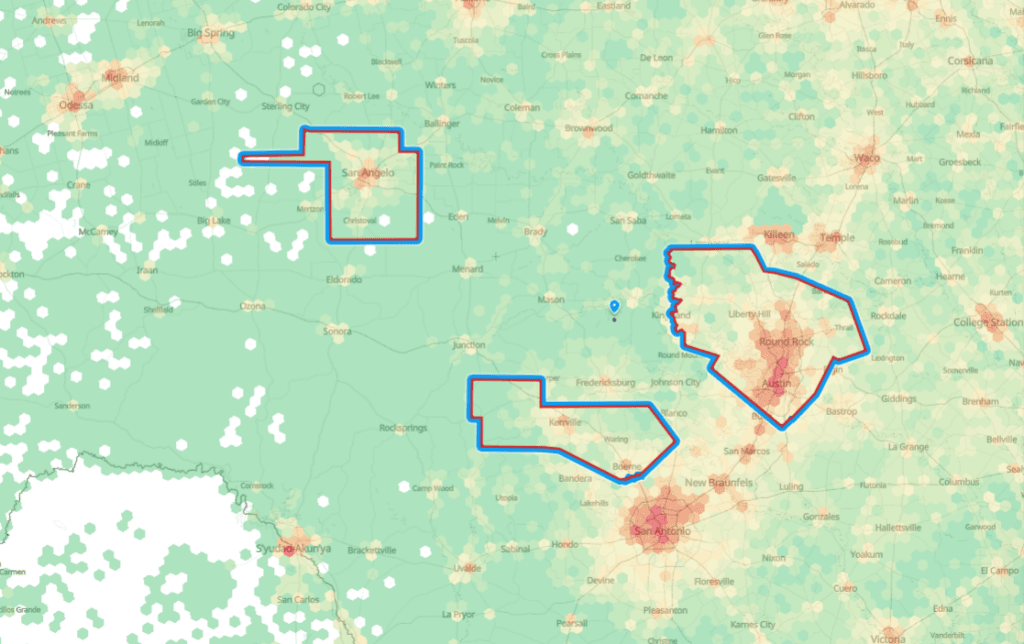 Map showing the area affected by the July 3, 2025 flash floods in central Texas, with population and GDP exposure data visualized.